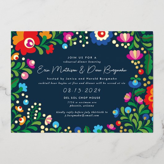 メキシコ刺結婚しゅうリハーサルディナー 箔招待状 (正面)