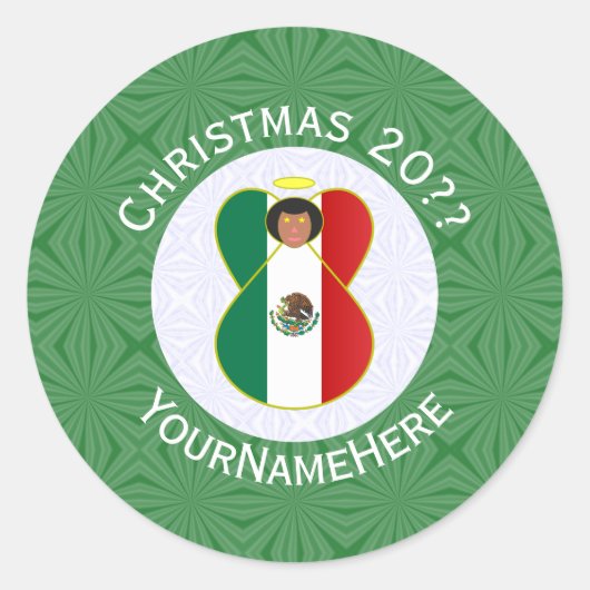 メキシコ国旗のクリスマスエンジェル オーダーメイド ラウンドシール (正面)