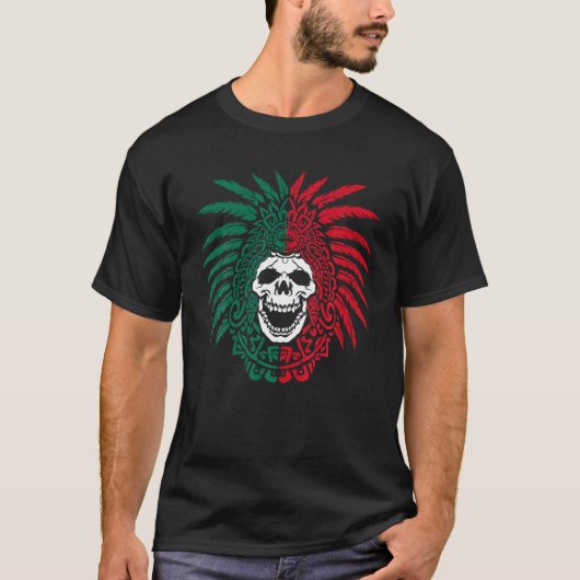 メキシコ国旗アステカ戦士スカルヘーホエンメキシコCa Tシャツ (正面)