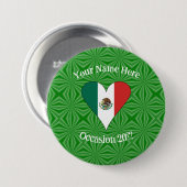 メキシコ国旗ハート 緑の背景 パーソナライズ 缶バッジ (正面&裏面)