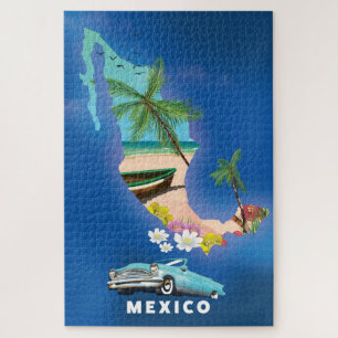 メキシコ地図イラストの旅行ポスター ジグソーパズル
