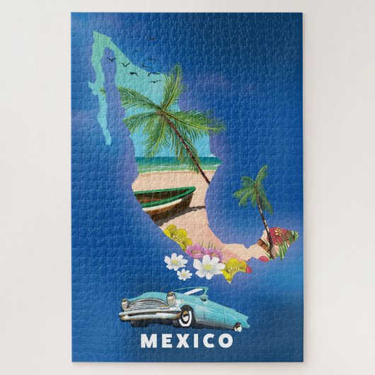 メキシコ地図イラストの旅行ポスター ジグソーパズル (縦)