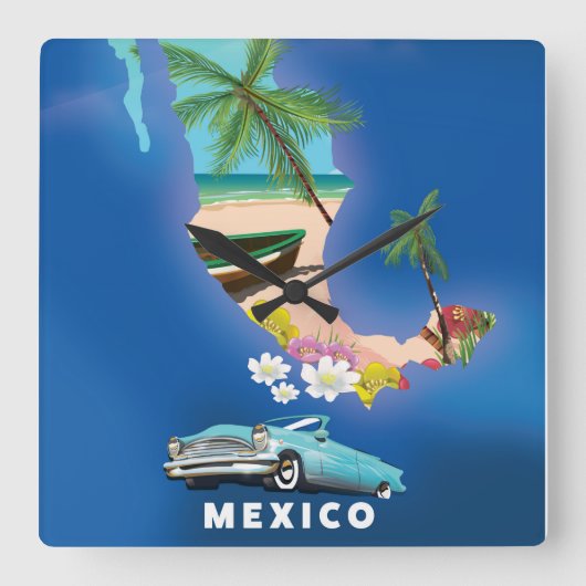 メキシコ地図イラストの旅行ポスター スクエア壁時計 (正面)