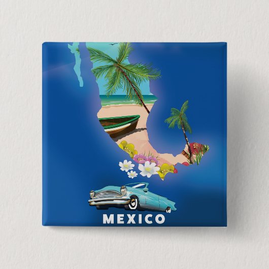 メキシコ地図イラストの旅行ポスター 缶バッジ (正面)
