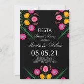 メキシコ手描きフローラブラックピンクブライダルシャワー 招待状 (正面)