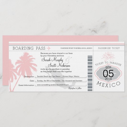 メキシコ搭乗券の宛先結婚式 招待状 (正面/裏面)