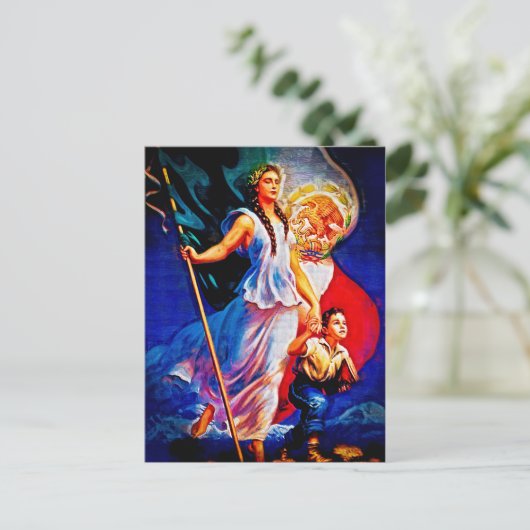 メキシコ旗の女性および子供 ポストカード (スタンド正面)