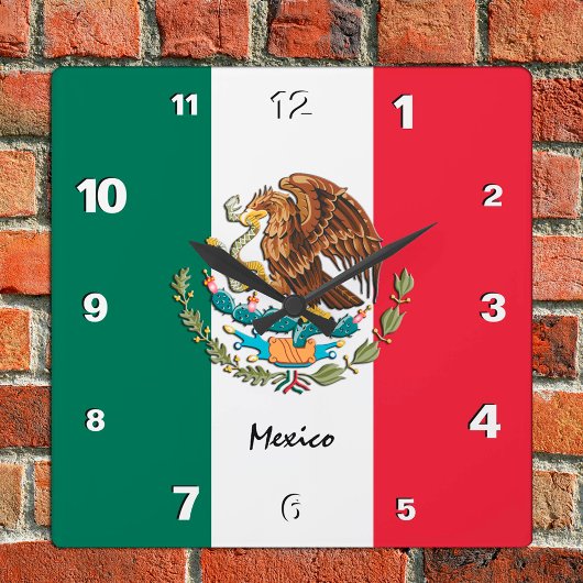 メキシコ時計、愛国心のある故郷、メキシコ国旗 スクエア壁時計