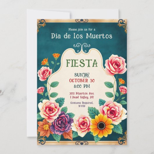 💀🎉メキシコ死者の日 ゴールド装飾: 招待状 (正面)