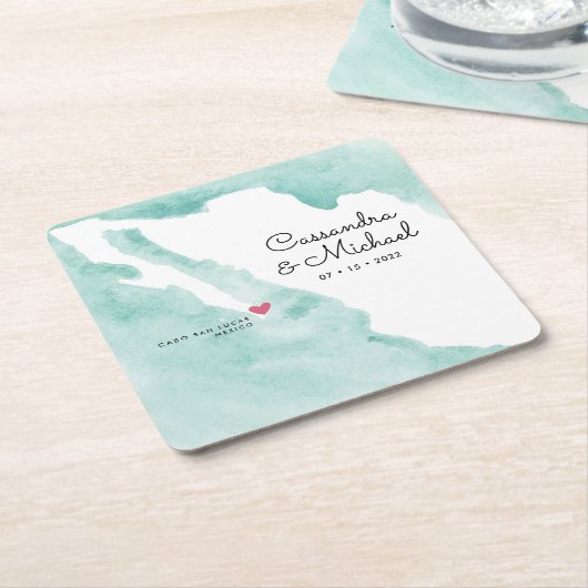 メキシコ水彩地図 |カボ |行き先結婚式 スクエアペーパーコースター (アングル)