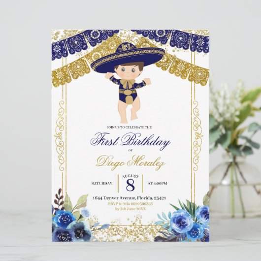 メキシコ海軍ブルーと金ゴールドシャーロファースト誕生日 招待状 (スタンド正面)