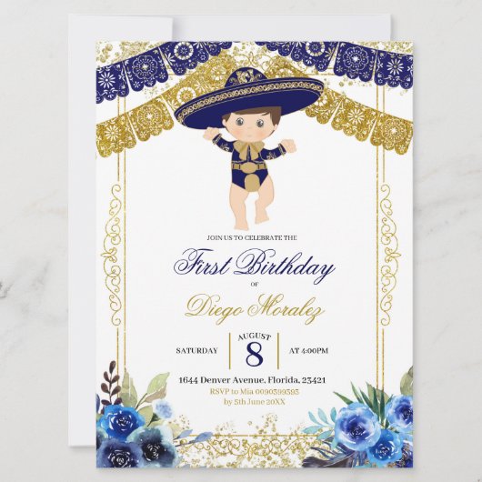メキシコ海軍ブルーと金ゴールドシャーロファースト誕生日 招待状 (正面)