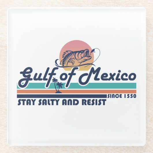 メキシコ湾は塩辛く耐える魚釣り ガラスコースター (正面)