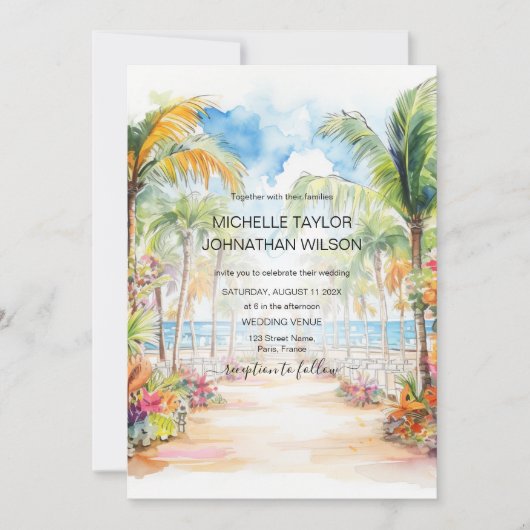 メキシコ熱帯ビーチ行先結婚式 招待状 (正面)