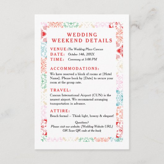メキシコ熱帯性QR目的地の結婚式詳細 エンクロージャーカード (正面)