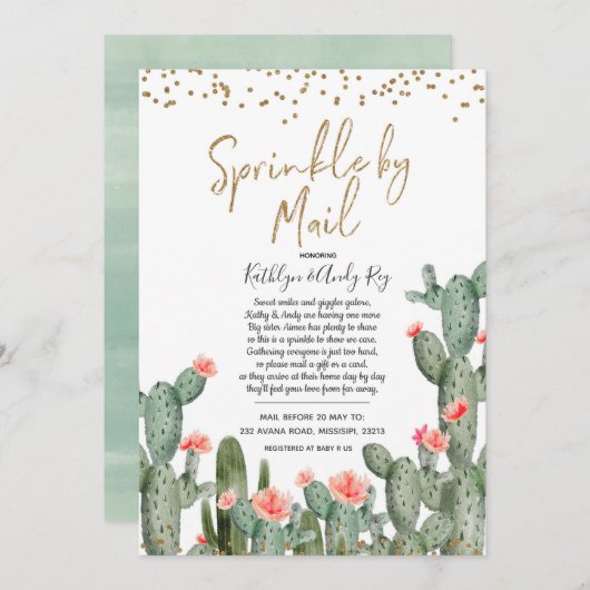 メキシコ産サボテンが郵便で赤ちゃんシャワーを浴びる 招待状 (正面/裏面)