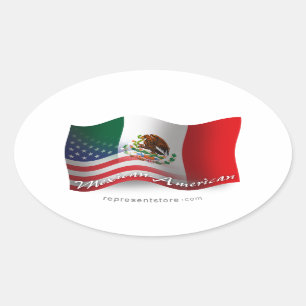 メキシコ系アメリカ人の振る旗 楕円形シール