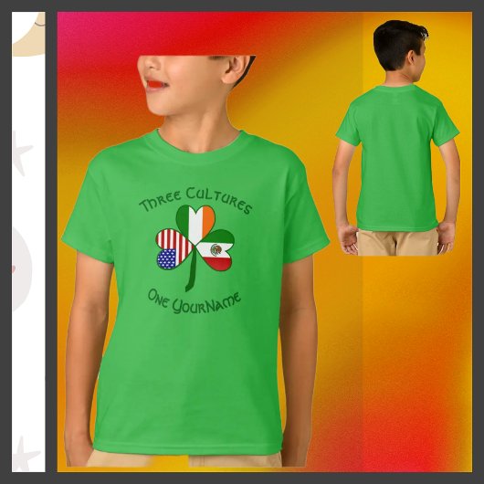 メキシコ系、アイルランド系、アメリカ系のフラグ シャムロック お名前 Tシャツ