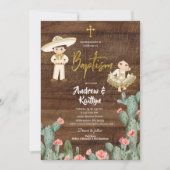 メキシコ素朴の金ゴールド・チャロ・ボーイ・ガール・ツイン・バウティゾ 招待状 (正面)