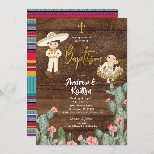 メキシコ素朴の金ゴールド・チャロ・ボーイ・ガール・ツイン・バウティゾ 招待状 (正面/裏面)