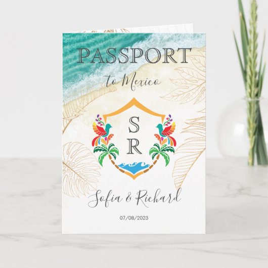 メキシコ結婚の旅行先Passport Crestイニシャル 招待状 (正面)