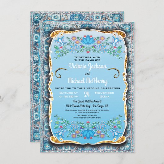 メキシコ結婚フィエスタフローラ金ゴールドグリッター 招待状 (正面/裏面)