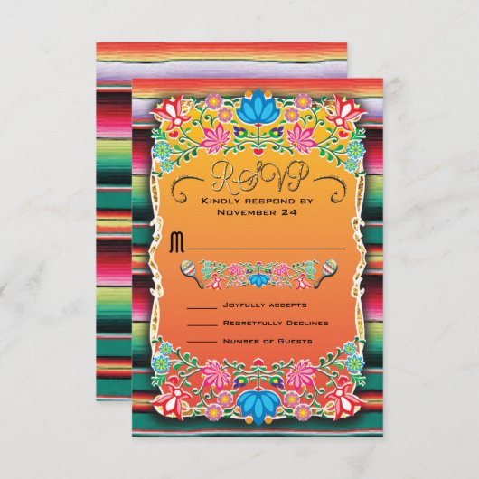 メキシコ結婚式の敷物および花柄RSVP 出欠カード (正面/裏面)