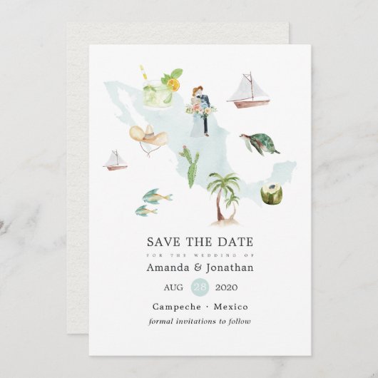 メキシコ行き先結婚式の水彩地図 セーブザデート (正面/裏面)