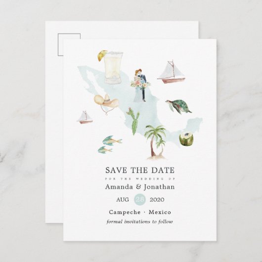 メキシコ行き先結婚式の水彩地図 案内ポストカード (正面/裏面)