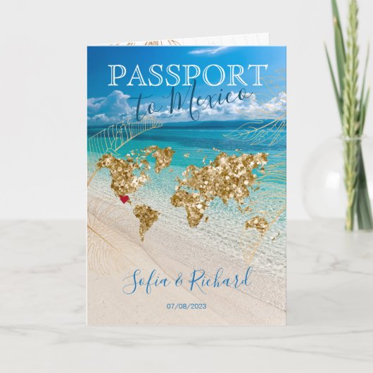 メキシコ行先結婚式パスポート金ゴールドマップ 招待状 (正面)