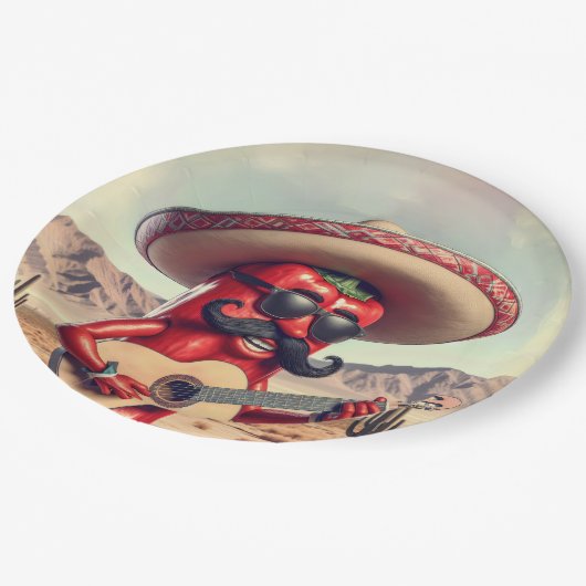 メキシコ赤唐辛子ギタープレーヤー ペーパープレート (アングル)