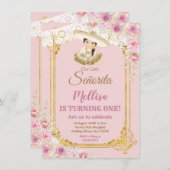 メキシコ赤面ピンク&金ゴールドガールフィエスタ誕生日 招待状 (正面/裏面)