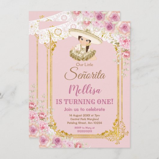 メキシコ赤面ピンク&金ゴールドガールフィエスタ誕生日 招待状 (正面/裏面)