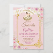 メキシコ赤面ピンク&金ゴールドガールフィエスタ誕生日 招待状 (正面)
