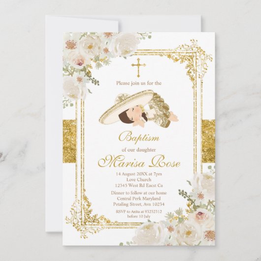 メキシコ金ゴールドフィエスタガールバプテスマ《キリスト教》洗礼式や命名式 招待状 (正面)