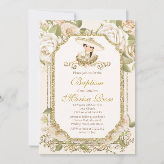 メキシコ金ゴールドフィエスタガールバプテスマ《キリスト教》洗礼式や命名式Invite 招待状 (正面)