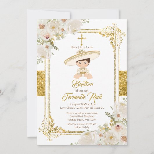 メキシコ金ゴールドフィエスタボーイバプテスマ《キリスト教》洗礼式や命名式 招待状 (正面)