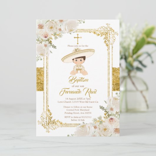 メキシコ金ゴールドフィエスタボーイバプテスマ《キリスト教》洗礼式や命名式 招待状 (スタンド正面)