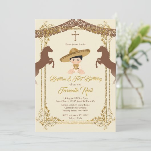 メキシコ金ゴールドブラウンフィエスタボーイバプテスマ《キリスト教》洗礼式や命名式 招待状 (スタンド正面)