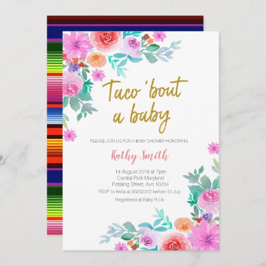 メキシコ金ゴールド水彩フローラベビーシャワー 招待状 (正面/裏面)