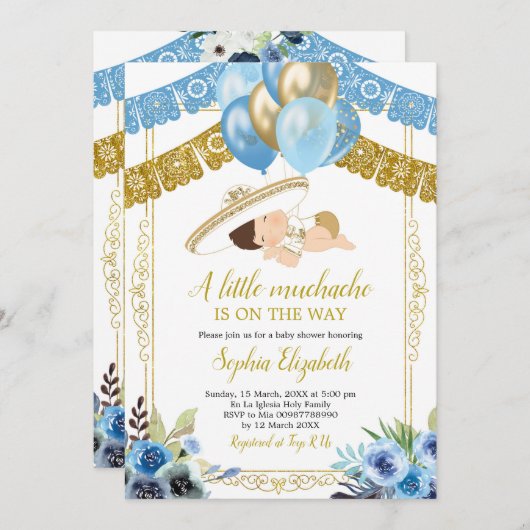 メキシコ青と金ゴールドチャロリトルムチャチョ 招待状 (正面/裏面)