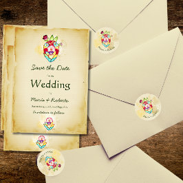 メキシコ風結婚式のレトロな解剖学的な花のハート ラウンドシール