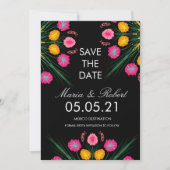 メキシコ風 手描き 花柄 ブラック ピンク Save the Date 招待状 (正面)