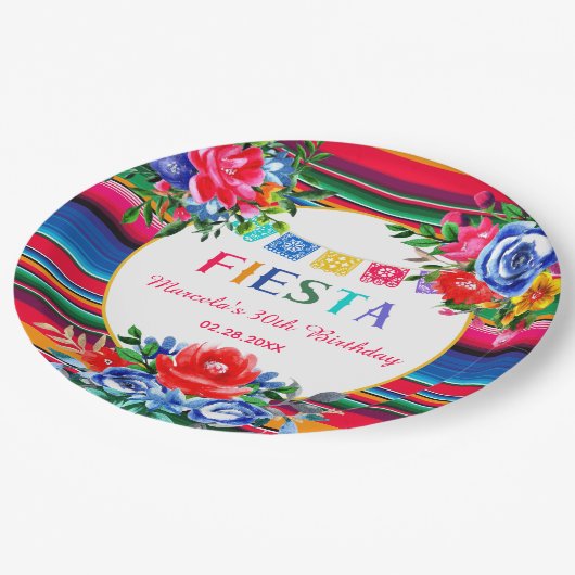 メキシコ鮮やかンセラペ&フローラ誕生日フィエスタ ペーパープレート (アングル)