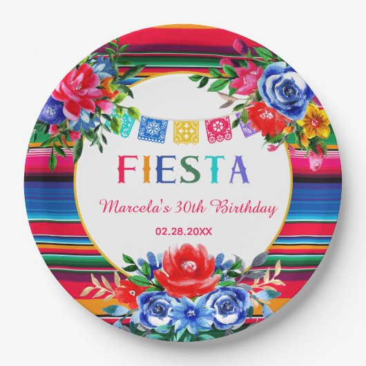 メキシコ鮮やかンセラペ&フローラ誕生日フィエスタ ペーパープレート (正面)