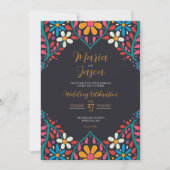 メキシコ黒カラフルフローラ結婚花 招待状 (正面)