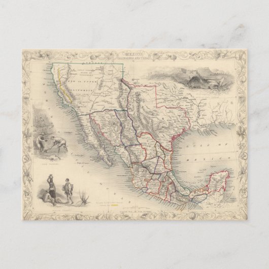 メキシコ、カリフォルニアおよびテキサス州の地図 ポストカード (正面)