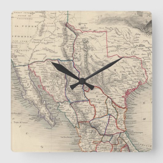 メキシコ、カリフォルニア、テキサス州の地図 スクエア壁時計 (正面)