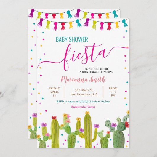 メキシコ・サカラフルボテン・フィエスタ・ベビー・シャワー・パーティー 招待状 (正面/裏面)