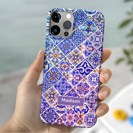 メキシコ シチリア 地中海スタイルの紫青色タイル iPhone 15ケース